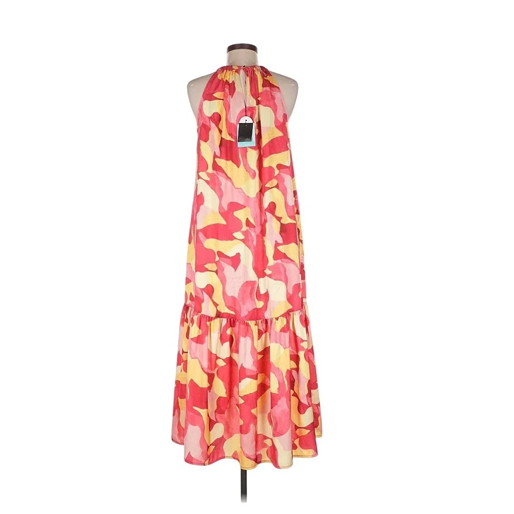 MING WANG Maxi Dress Size M Pink Yellow Camo Halter Sleeveless‎ Vacation